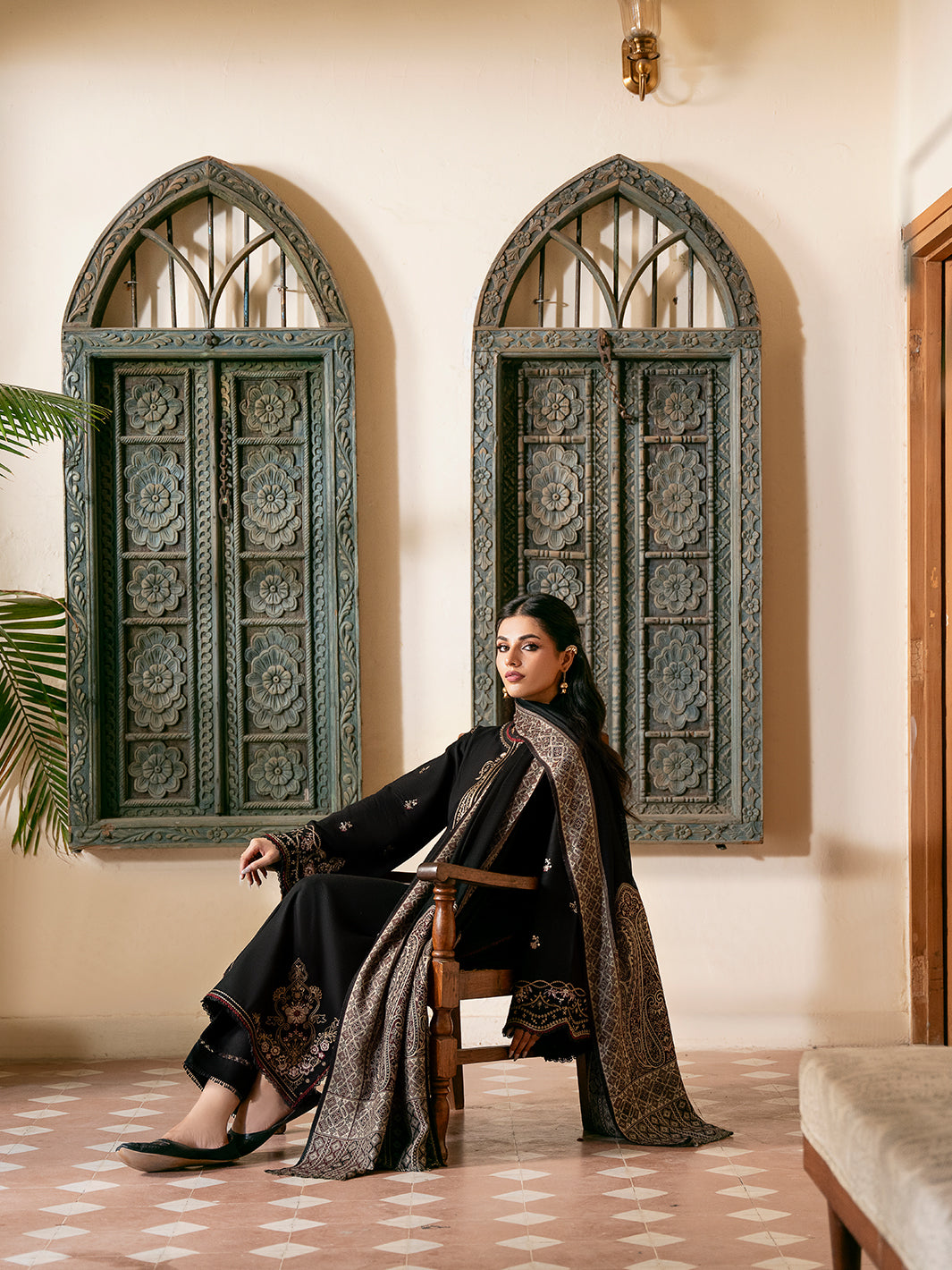 IZEL-3PC KHADDAR EMBROIDERED SHIRT WITH COURTRAI PRINTED SHAWL & TROUSER-BIC-4389