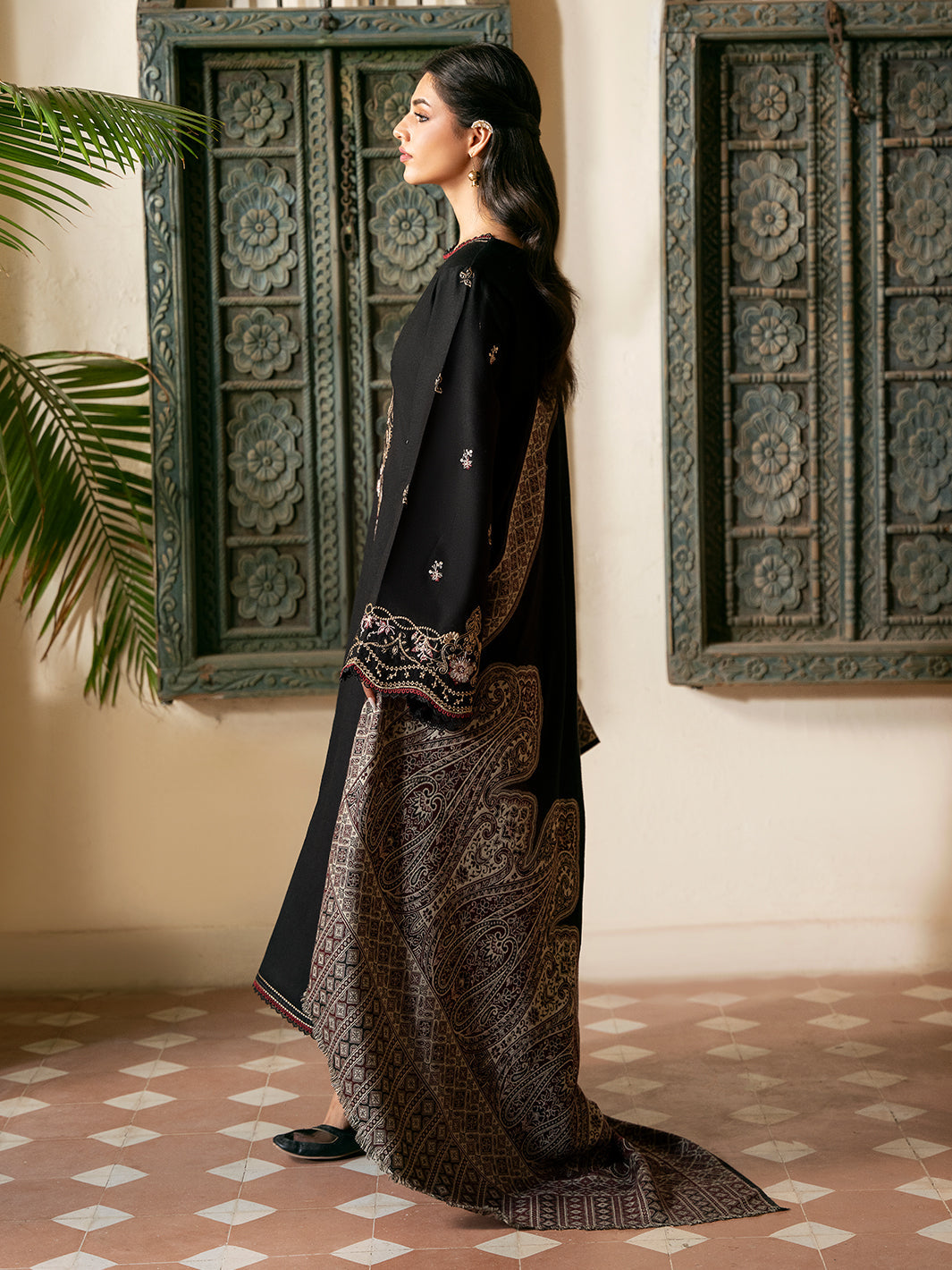 IZEL-3PC KHADDAR EMBROIDERED SHIRT WITH COURTRAI PRINTED SHAWL & TROUSER-BIC-4389