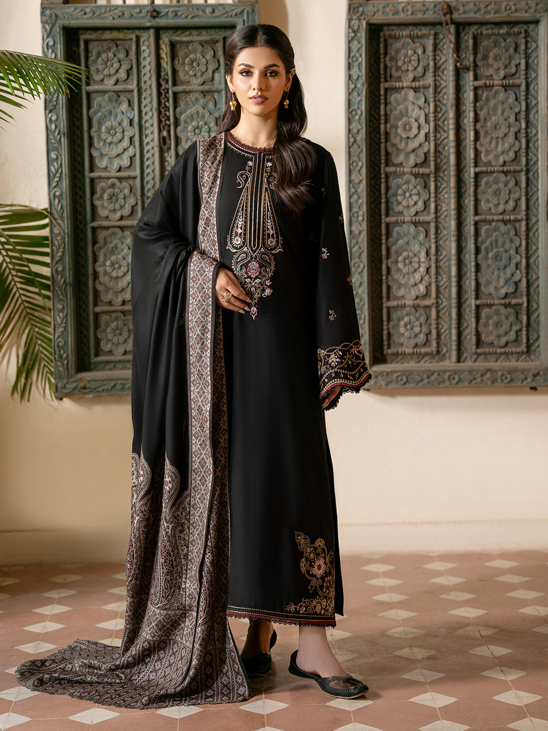 IZEL-3PC KHADDAR EMBROIDERED SHIRT WITH COURTRAI PRINTED SHAWL & TROUSER-BIC-4389