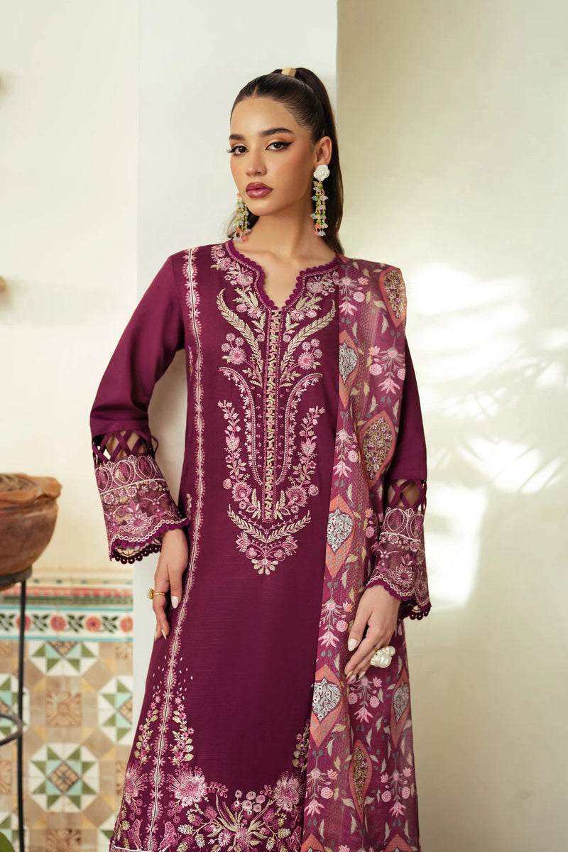 JAZMIN-3PC DHANAK EMBROIDERED SHIRT WITH COURTRAI WOOL PRINTED SHAWL AND TROUSER-BIC-4185