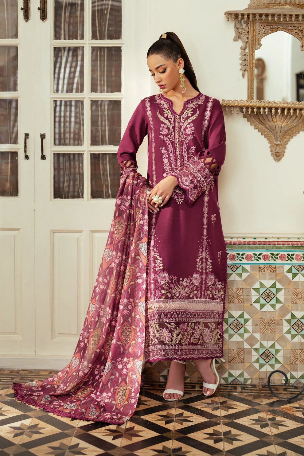 JAZMIN-3PC DHANAK EMBROIDERED SHIRT WITH COURTRAI WOOL PRINTED SHAWL AND TROUSER-BIC-4185