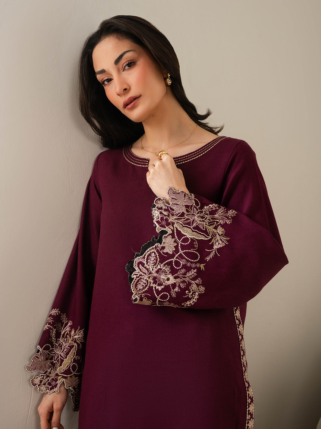 IZEL-2PC DHANAK EMBROIDERED SHIRT WITH DHANAK EMBROIDERED SLEEVES-BIC-15074