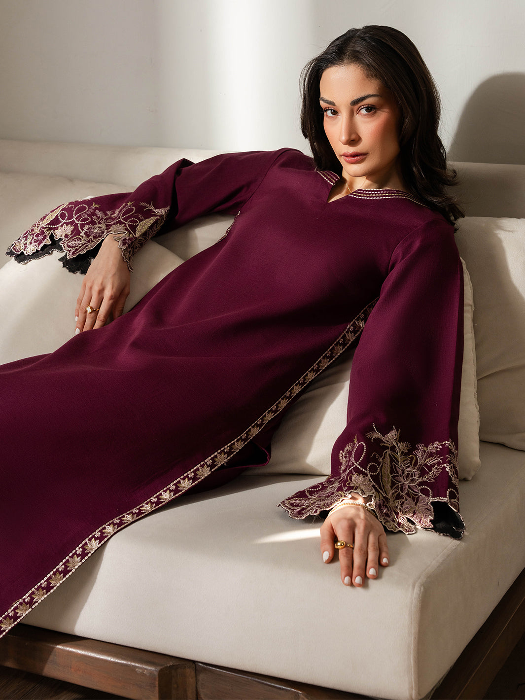 IZEL-2PC DHANAK EMBROIDERED SHIRT WITH DHANAK EMBROIDERED SLEEVES-BIC-15074