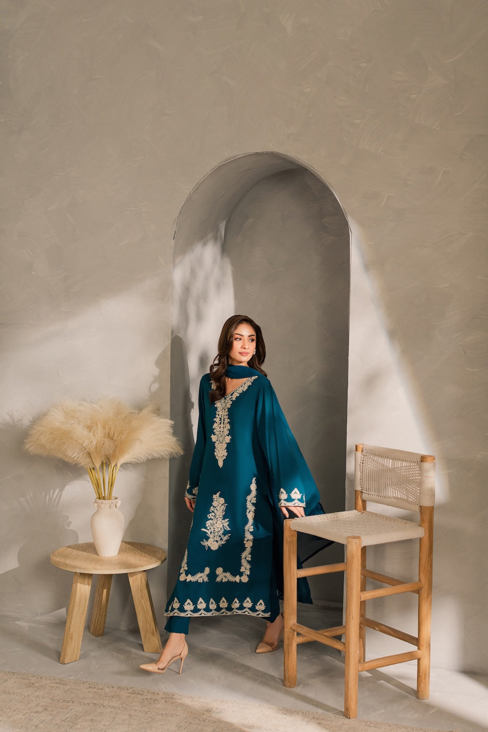 VINTAGE-3PC DHANAK EMBROIDERED SHIRT WITH BAMBER CHIFFON DUPATTA AND TROUSER-BIC-4245