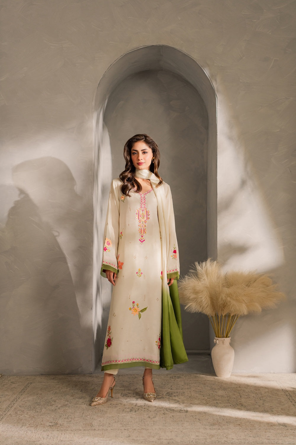 MIRANA-3PC DHANAK EMBROIDERED SHIRT WITH BAMBER CHIFFON DUPATTA AND TROUSER-BIC-4289