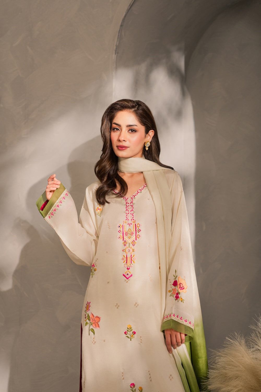 MIRANA-3PC DHANAK EMBROIDERED SHIRT WITH BAMBER CHIFFON DUPATTA AND TROUSER-BIC-4289
