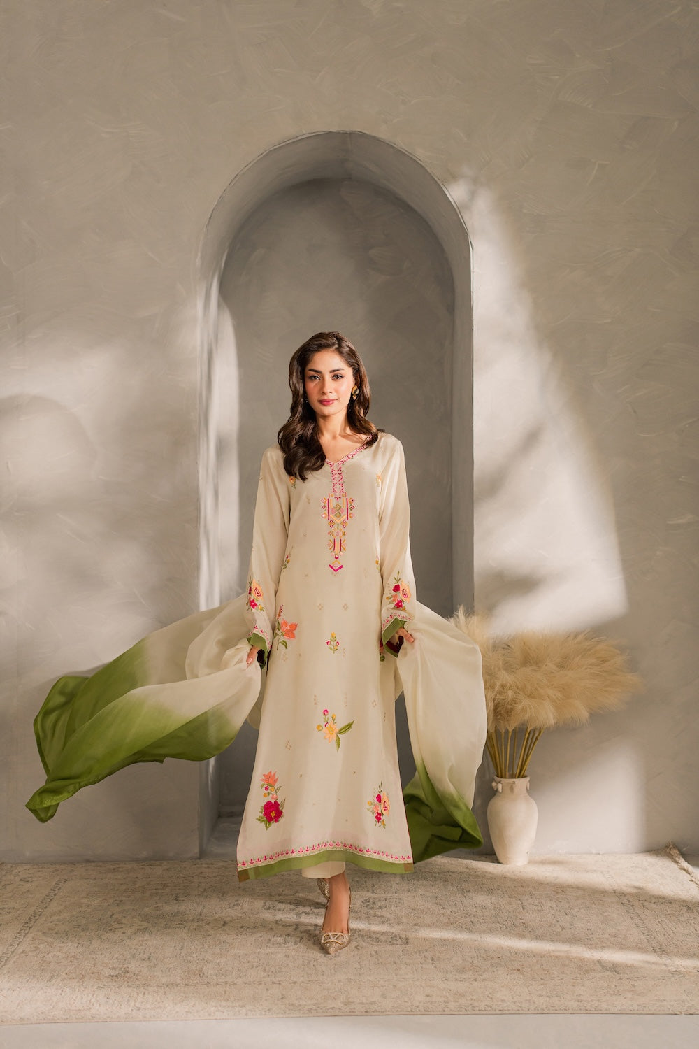 MIRANA-3PC DHANAK EMBROIDERED SHIRT WITH BAMBER CHIFFON DUPATTA AND TROUSER-BIC-4289