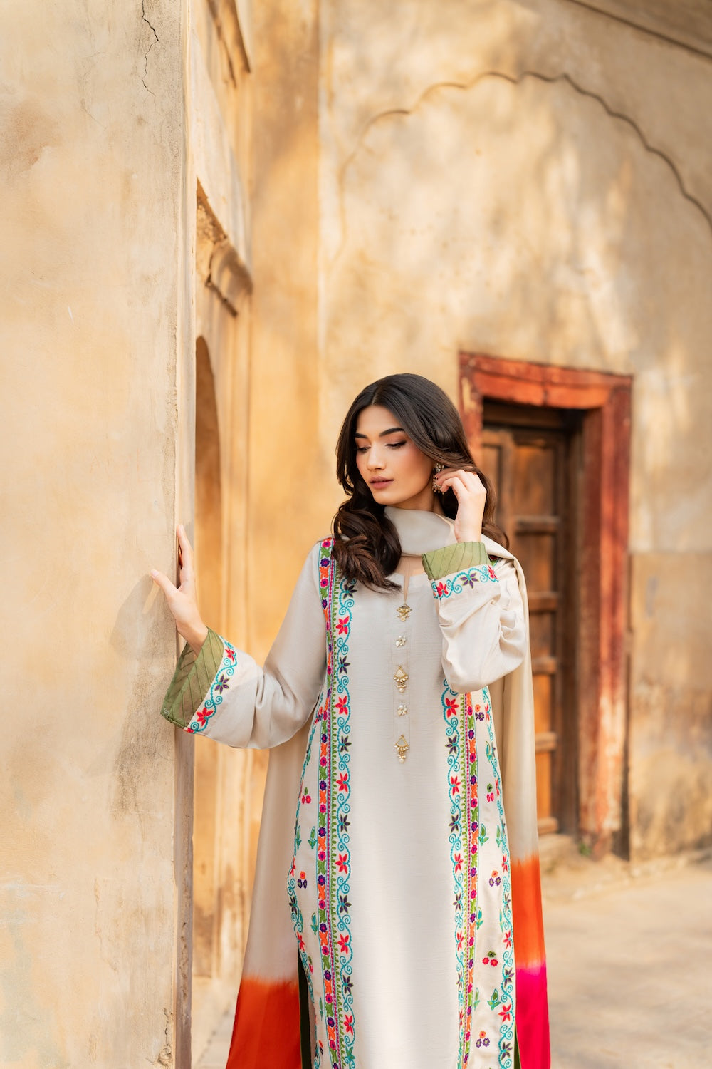 MIRANA-3PC RAW SILK EMBROIDERED SHIRT WITH CHIFFON TYE&DYE DUPATTA AND TROUSER-BIC-5150