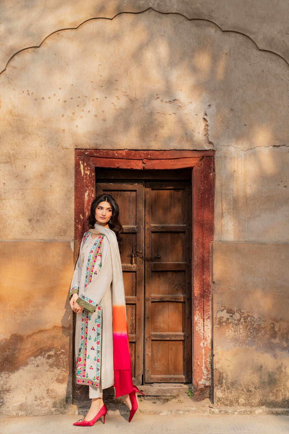 MIRANA-3PC RAW SILK EMBROIDERED SHIRT WITH CHIFFON TYE&DYE DUPATTA AND TROUSER-BIC-5150