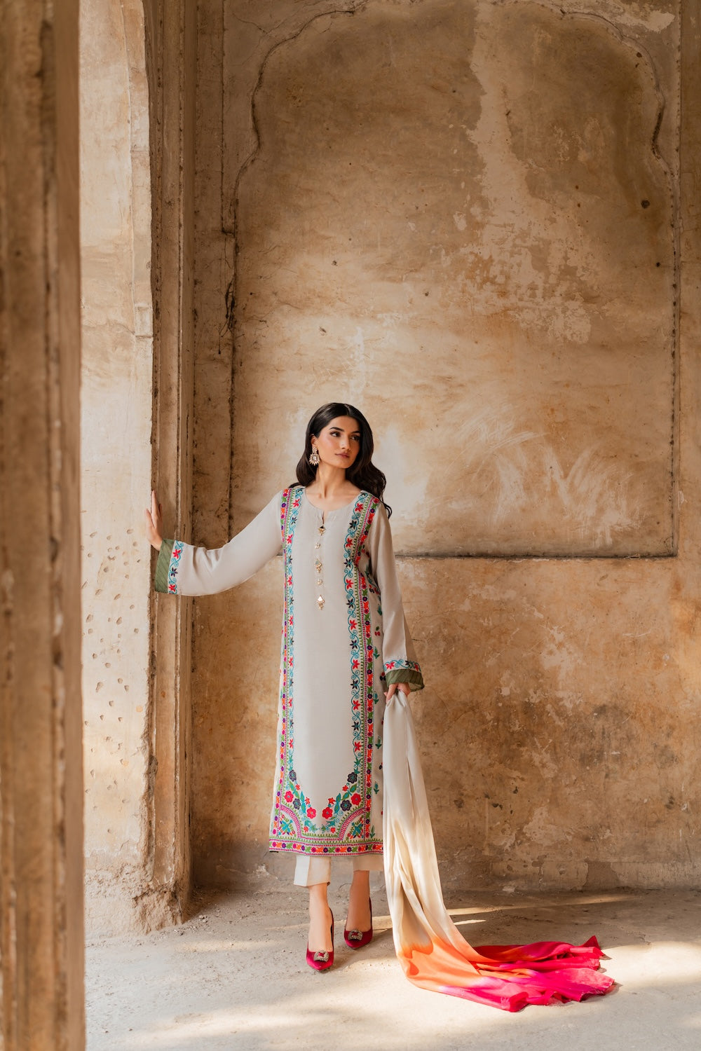 MIRANA-3PC RAW SILK EMBROIDERED SHIRT WITH CHIFFON TYE&DYE DUPATTA AND TROUSER-BIC-5150