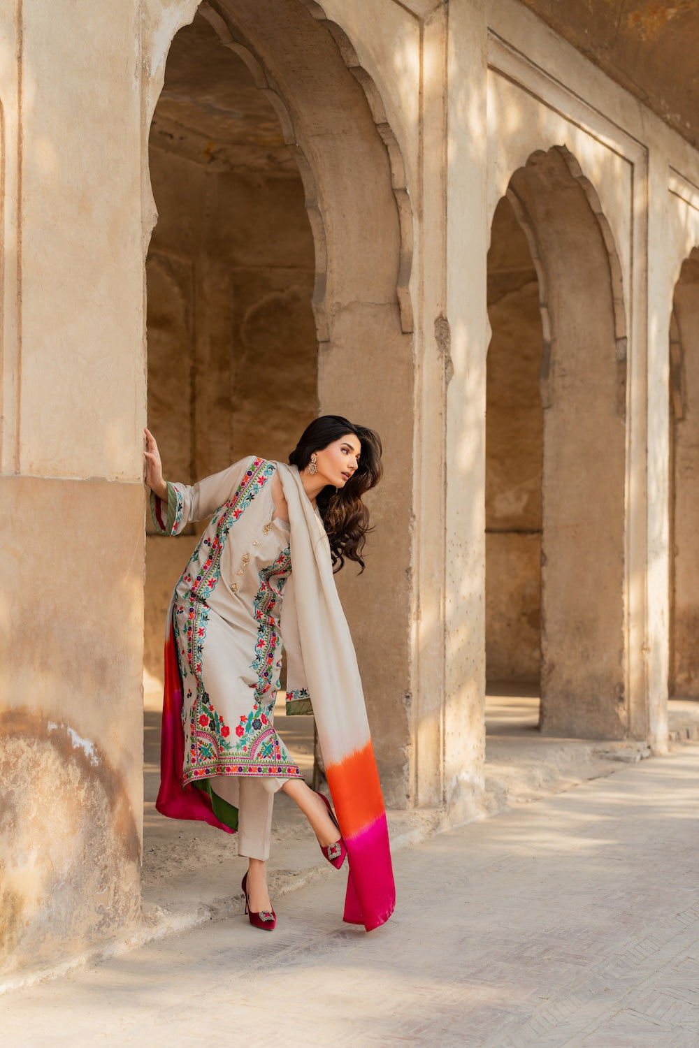 MIRANA-3PC RAW SILK EMBROIDERED SHIRT WITH CHIFFON TYE&DYE DUPATTA AND TROUSER-BIC-5150
