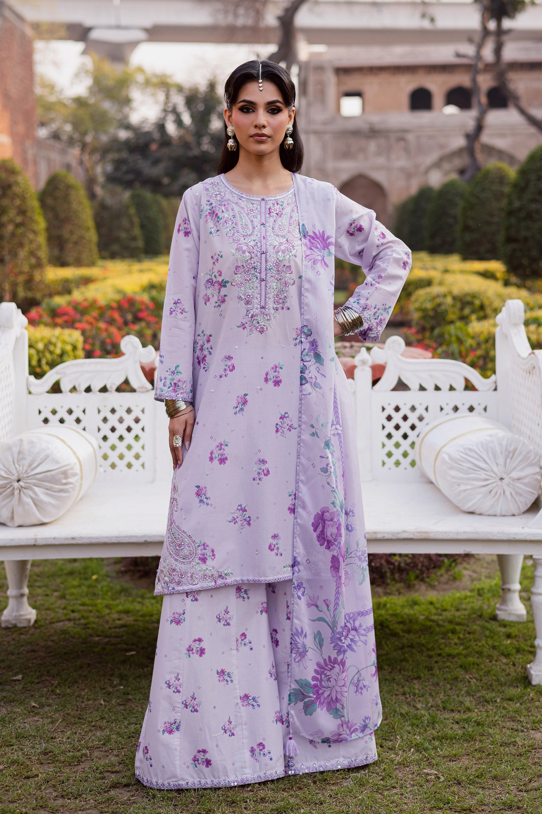 BATIK-3PC LAWN PRINTED EMB SHIRT WITH SILK PRINTED DUPATTA AND PRINTED TROUSER-BIC-019