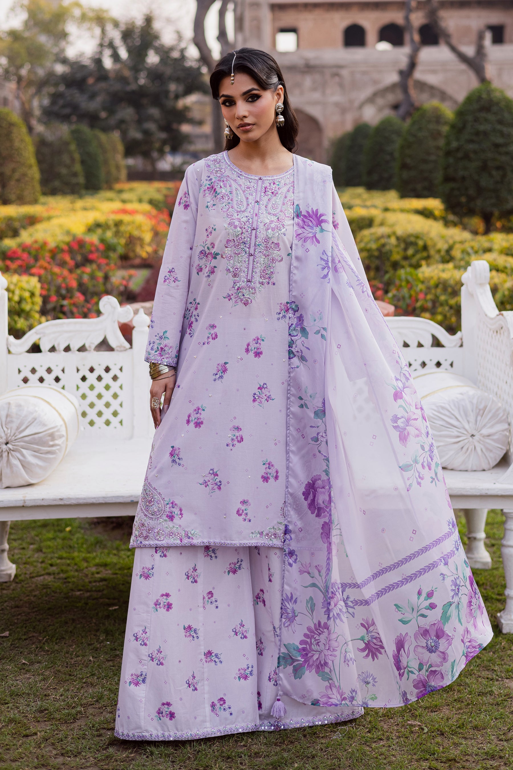 BATIK-3PC LAWN PRINTED EMB SHIRT WITH SILK PRINTED DUPATTA AND PRINTED TROUSER-BIC-019