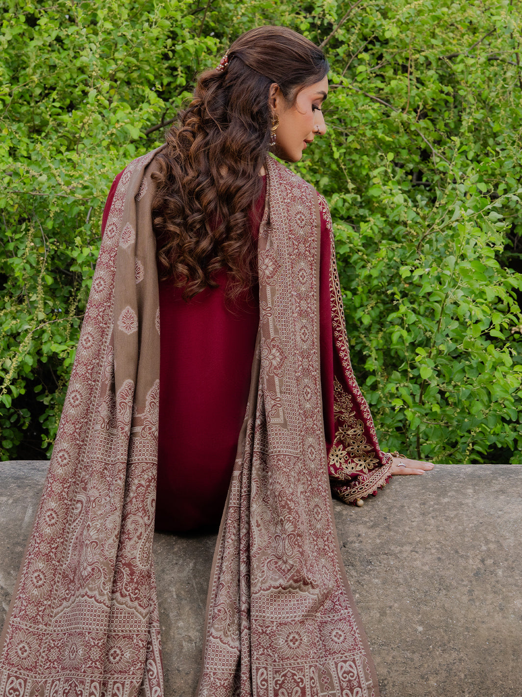 IZEL-3PC DHANAK EMBROIDERED SHIRT WITH COURTRAI PRINTED SHAWL & TROUSER-BIC-4363