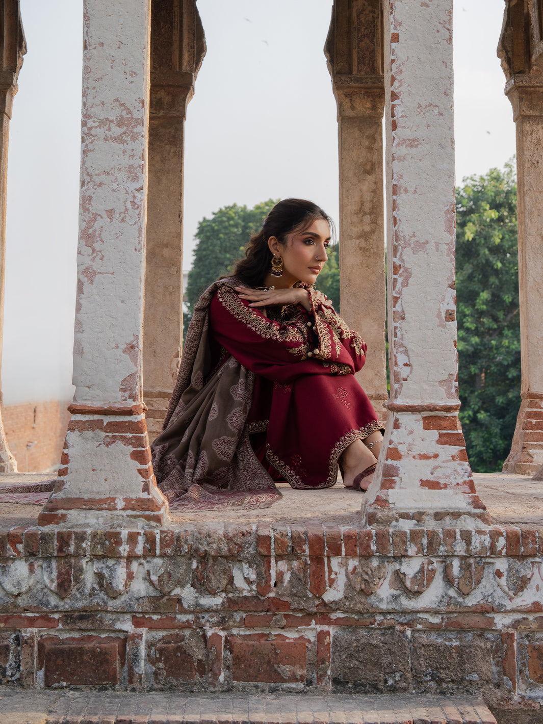 IZEL-3PC DHANAK EMBROIDERED SHIRT WITH COURTRAI PRINTED SHAWL & TROUSER-BIC-4363