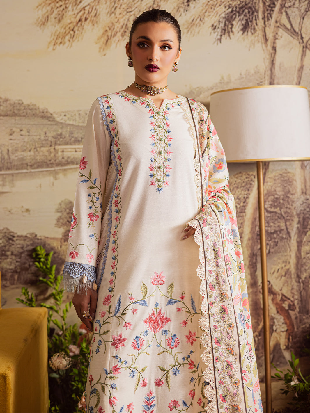 MAHNUR-3PC DHANAK EMBROIDERED SHIRT WITH COURTRAI PRINTED SHAWL & TROUSER-BIC-4329