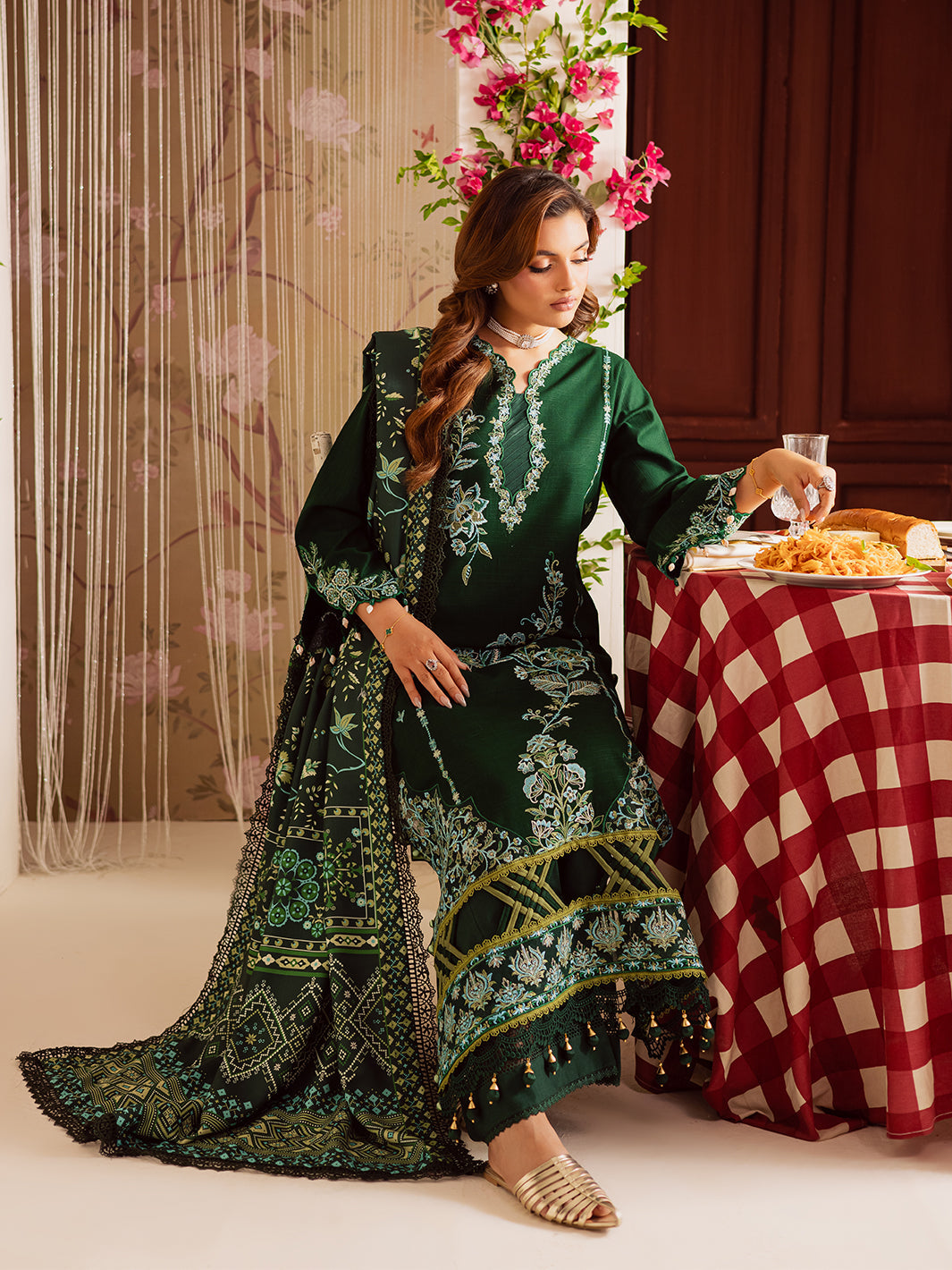 MAHNUR-3PC DHANAK EMBROIDERED SHIRT WITH COURTRAI PRINTED SHAWL & TROUSER-BIC-4327