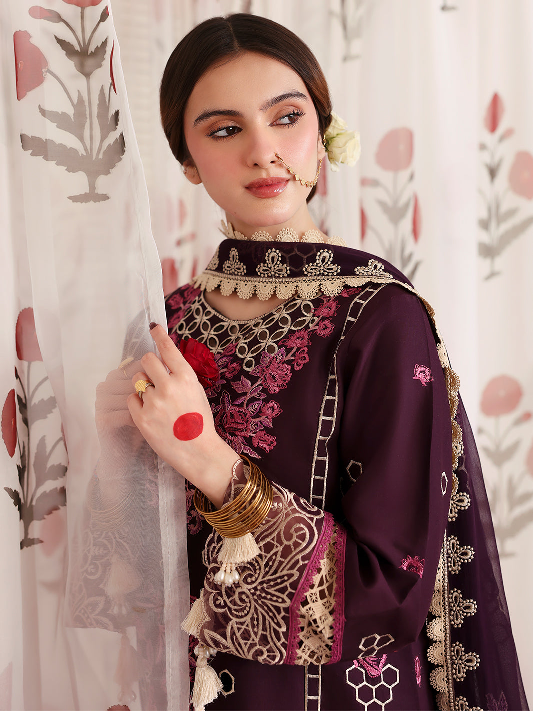 MAHNUR-3PC LAWN LASERWORK EMBROIDERED SHIRT WITH KHAADI NET EMBROIDERED DUPATTA AND TROUSER -BIC-4691