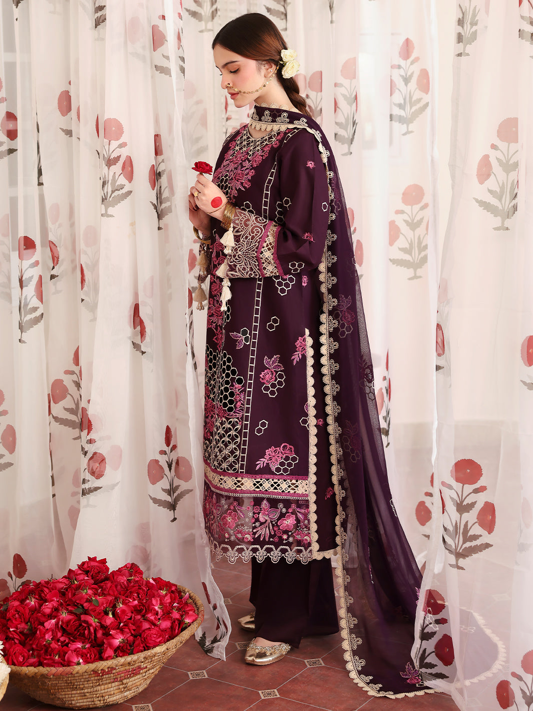 MAHNUR-3PC LAWN LASERWORK EMBROIDERED SHIRT WITH KHAADI NET EMBROIDERED DUPATTA AND TROUSER -BIC-4691