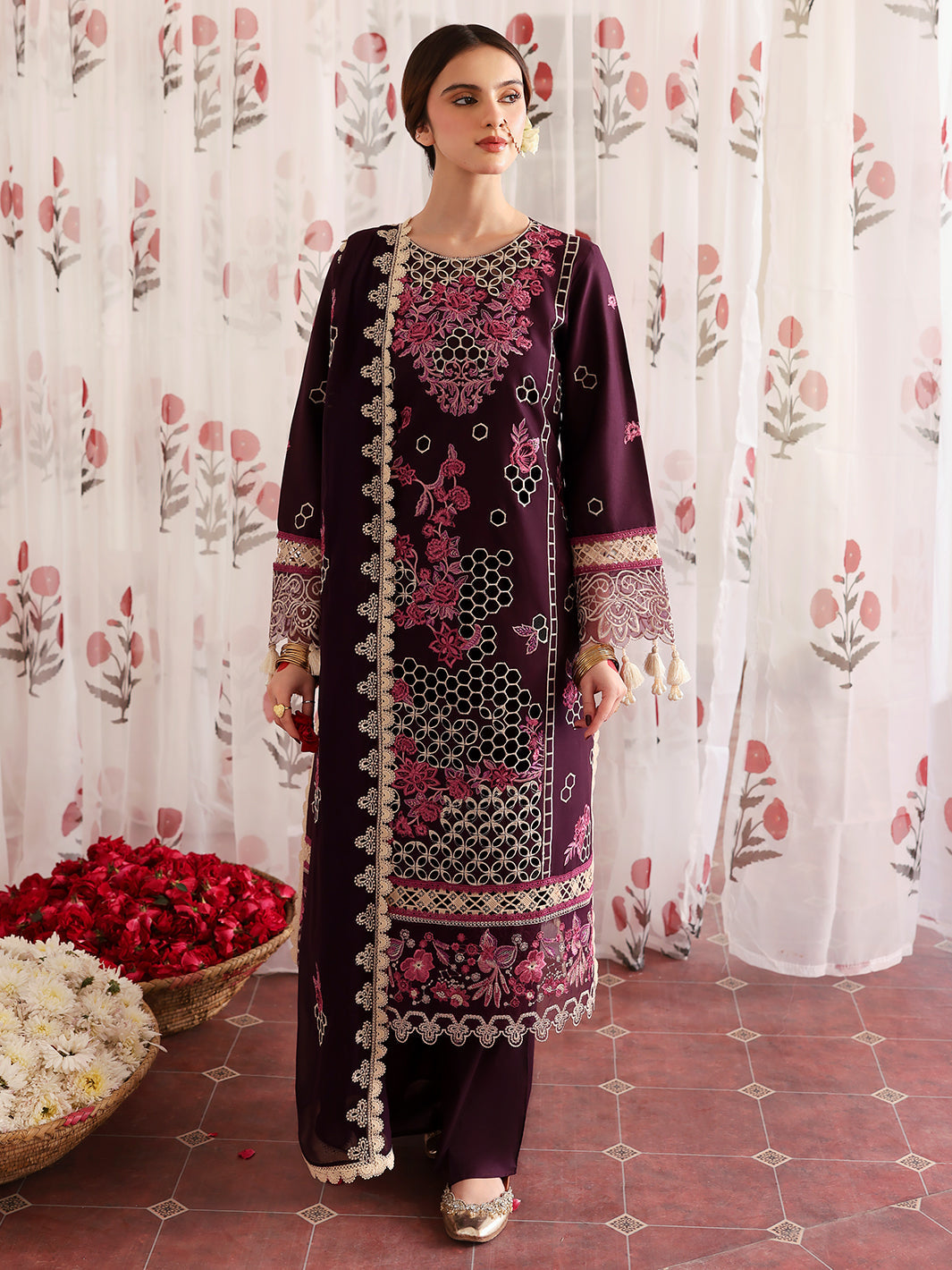 MAHNUR-3PC LAWN LASERWORK EMBROIDERED SHIRT WITH KHAADI NET EMBROIDERED DUPATTA AND TROUSER -BIC-4691