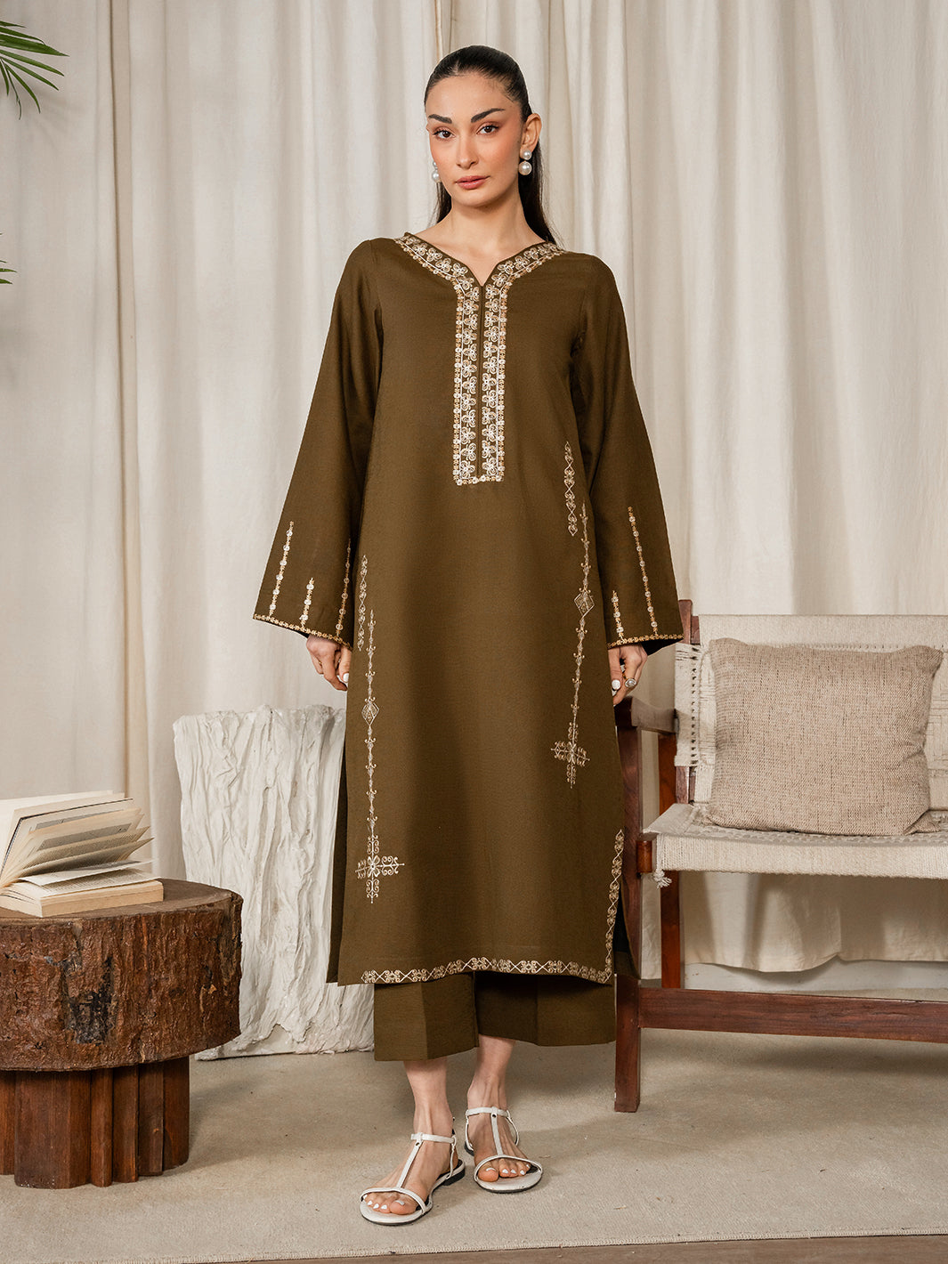 IZEL-2PC DHANAK EMBROIDERED SHIRT WITH DHANAK EMBROIDERED SLEEVES-BIC-15078