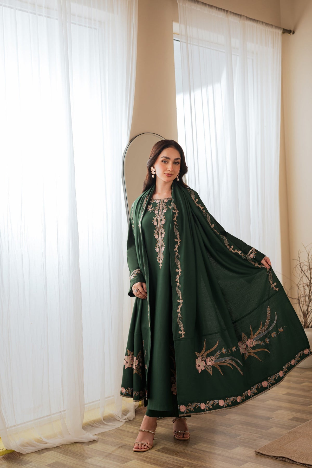 BATIK-3PC DHANAK EMBROIDERED SHIRT WITH DHANAK EMBROIDERED SHAWL AND TROUSER-BIC-4422