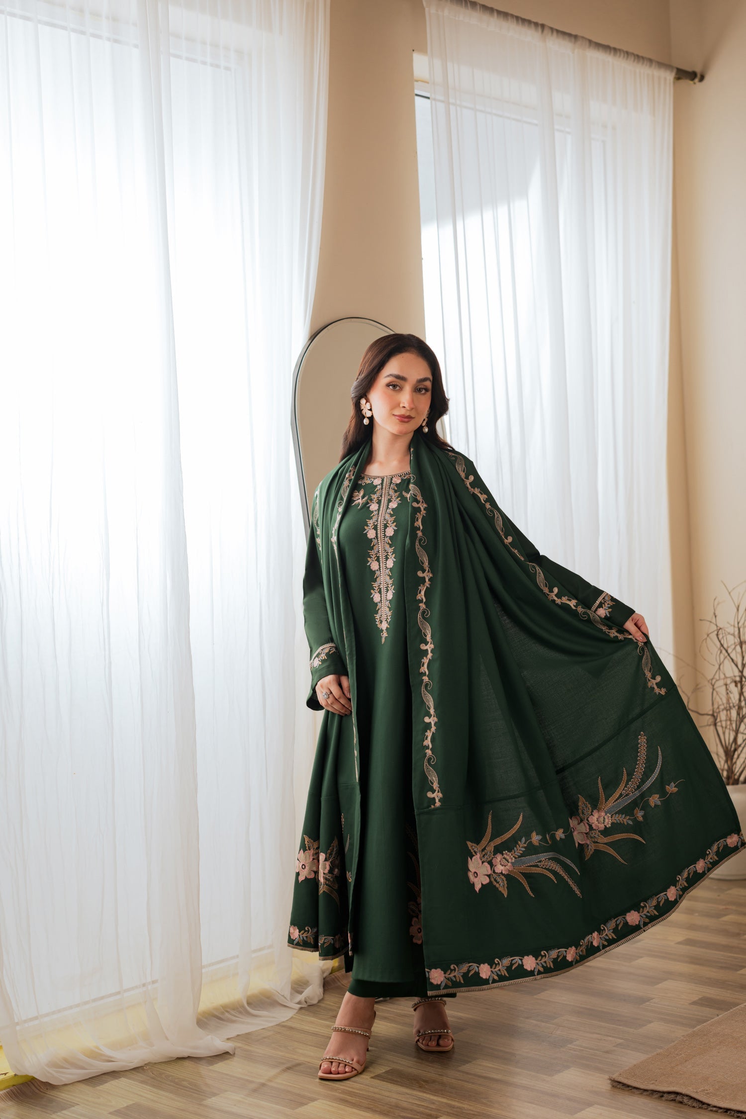 BATIK-3PC DHANAK EMBROIDERED SHIRT WITH DHANAK EMBROIDERED SHAWL AND TROUSER-BIC-4422