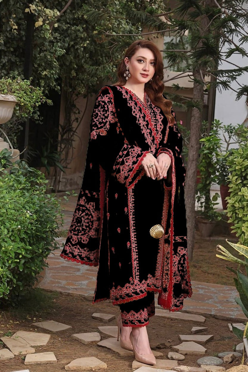 ASIM JOFA-3PC DHANAK EMBROIDERED SHIRT WITH DHANAK EMBROIDERED SHAWL & TROUSER-BIC-4304 BLACK