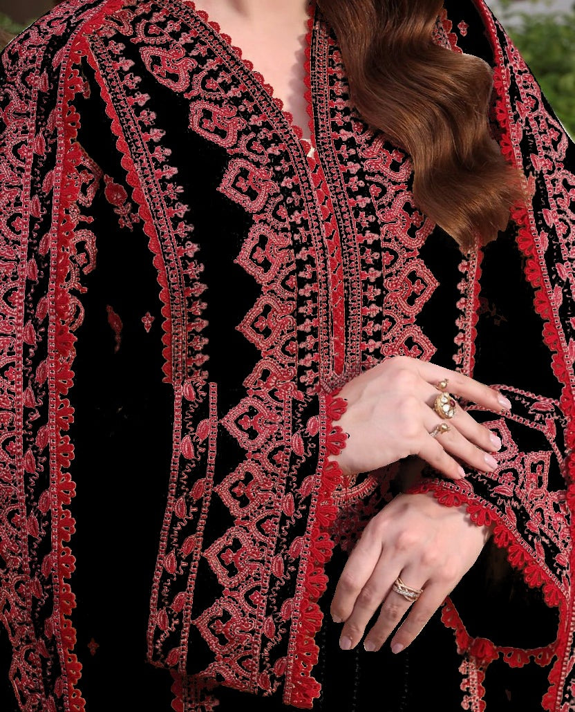 ASIM JOFA-3PC DHANAK EMBROIDERED SHIRT WITH DHANAK EMBROIDERED SHAWL & TROUSER-BIC-4304 BLACK