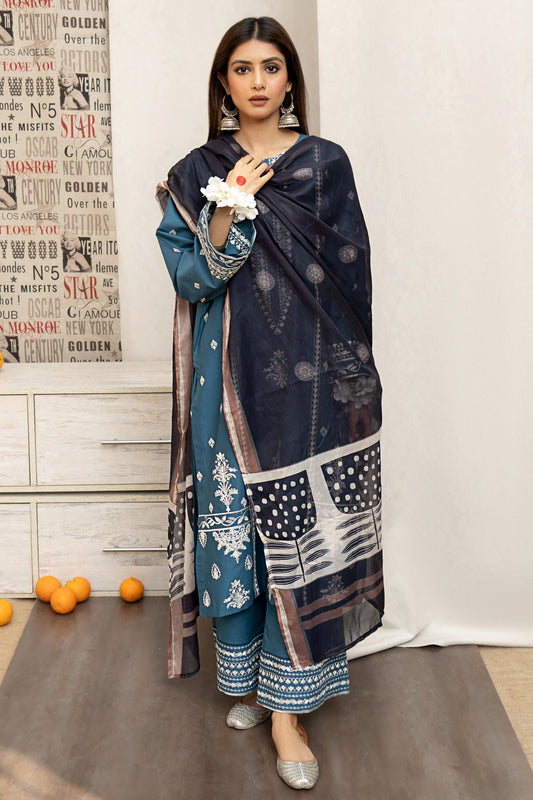 URGE- 3PC LAWN EMBROIDERED SHIRT WITH DIAMOND PRINTED DUPATTA AND EMB TROUSER-BIC-2785-BLUE
