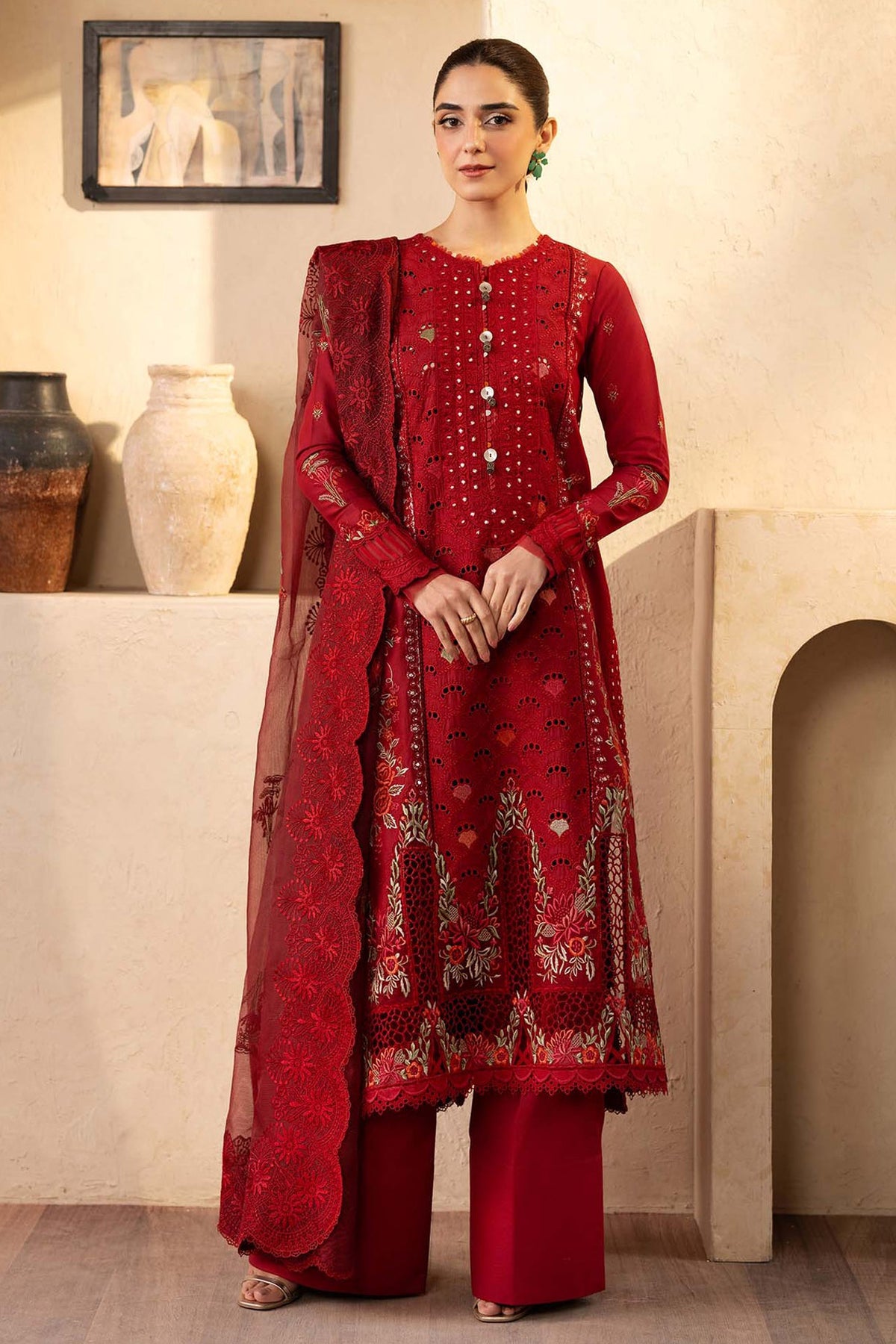 QALAMQAR-3PC LAWN EMBROIDERED SHIRT WITH KHADDI NET EMBROIDERED DUPATTA AND TROUSER-BIC-4709