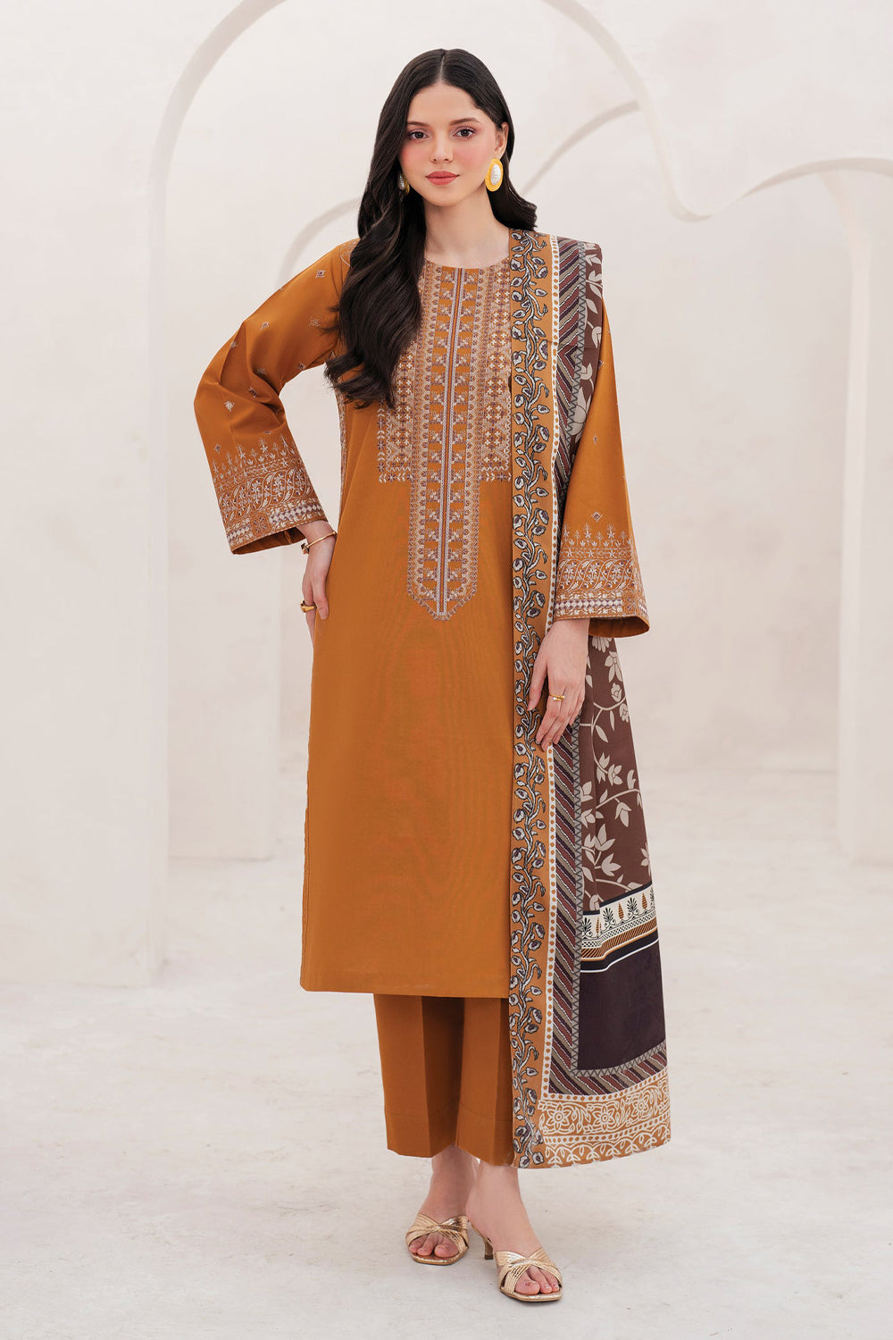 GARNET-3PC DHANAK EMBROIDERED SHIRT WITH COURTRAI PRINTED SHAWL AND TROUSER-BIC-4201