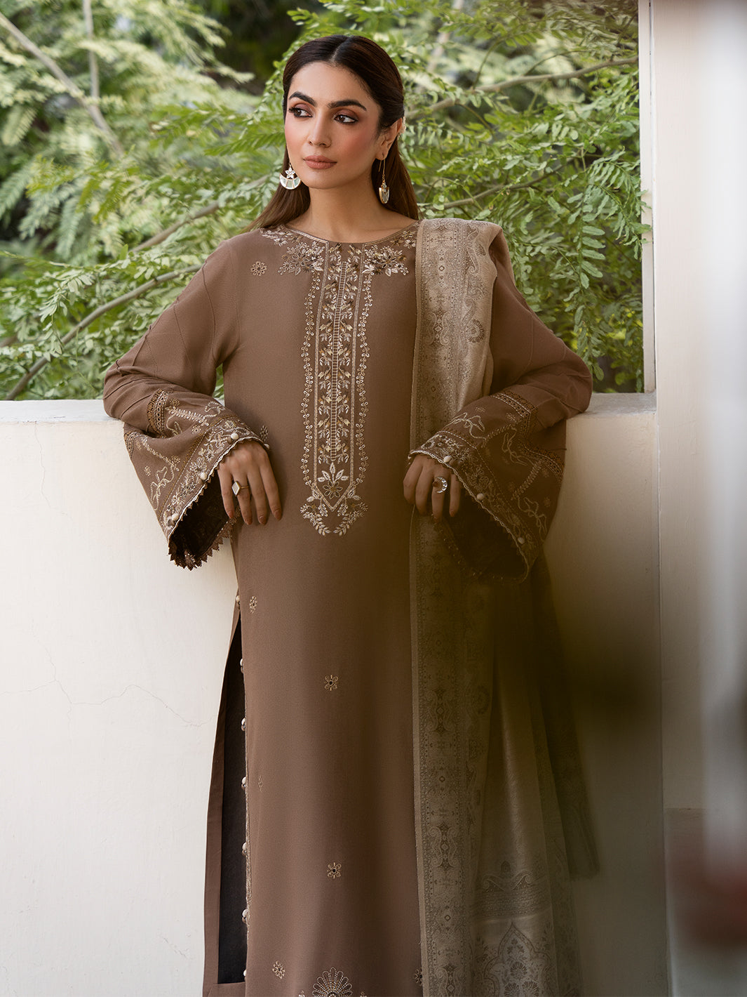 IZEL-3PC DHANAK EMBROIDERED SHIRT WITH COURTRAI PRINTED SHAWL & TROUSER-BIC-4388