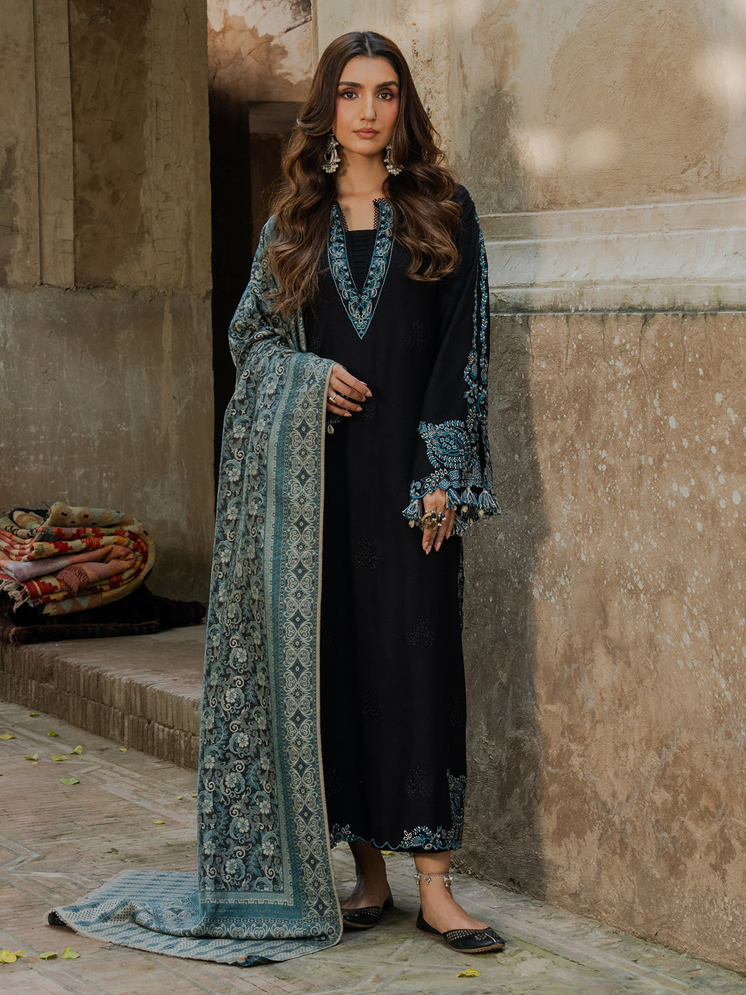IZEL-3PC KHADDAR EMBROIDERED SHIRT WITH COURTRAI PRINTED SHAWL & TROUSER-BIC-4379