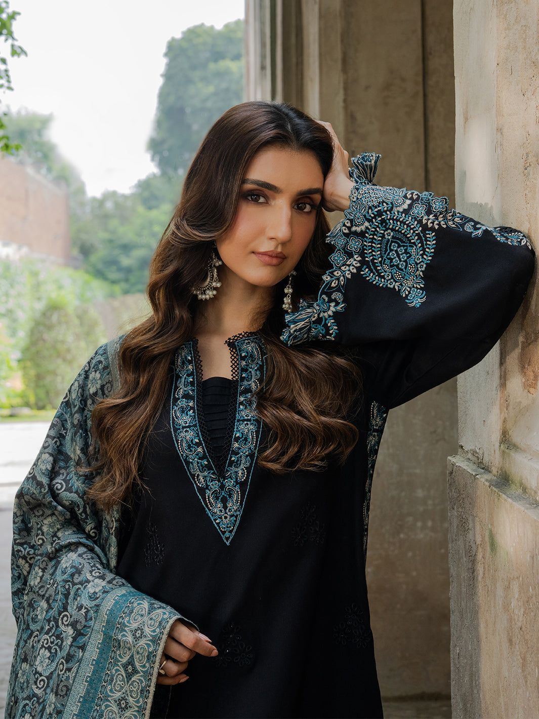 IZEL-3PC KHADDAR EMBROIDERED SHIRT WITH COURTRAI PRINTED SHAWL & TROUSER-BIC-4379
