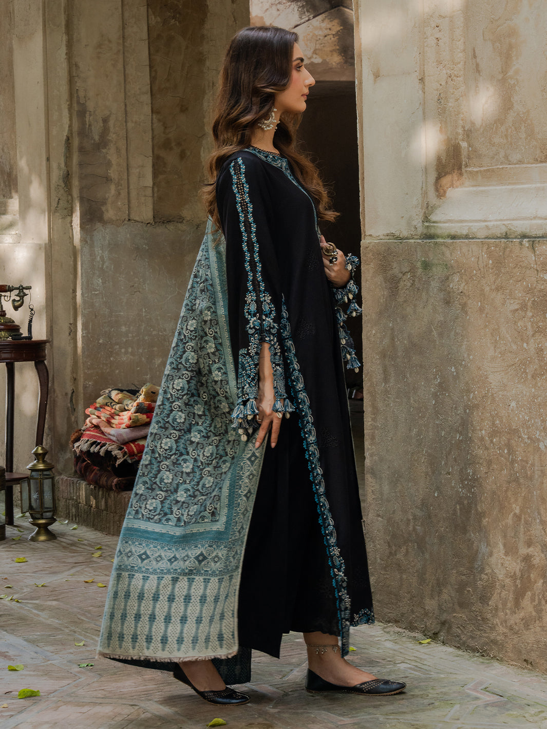 IZEL-3PC KHADDAR EMBROIDERED SHIRT WITH COURTRAI PRINTED SHAWL & TROUSER-BIC-4379