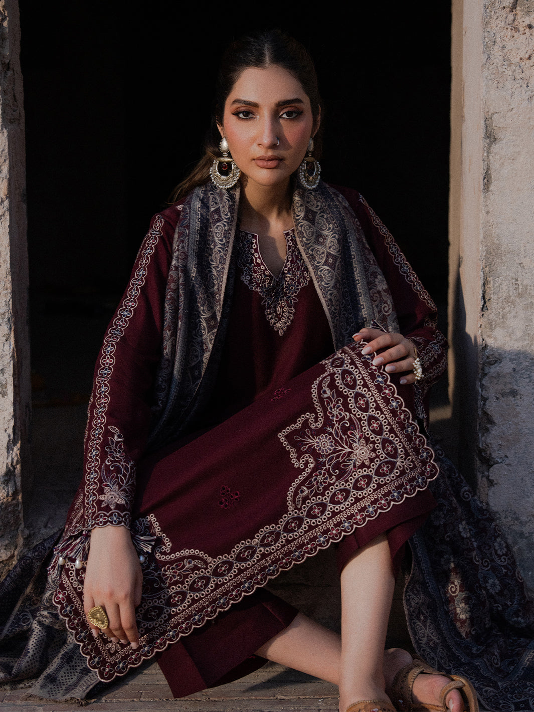 IZEL-3PC DHANAK EMBROIDERED SHIRT WITH COURTRAI PRINTED SHAWL & TROUSER-BIC-4364