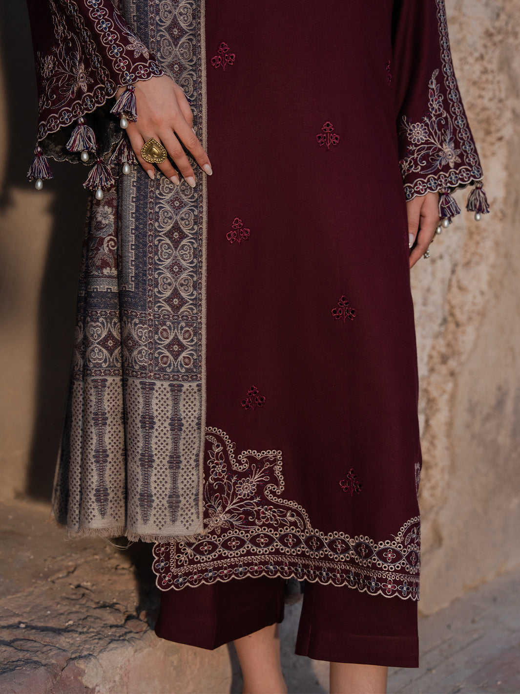 IZEL-3PC DHANAK EMBROIDERED SHIRT WITH COURTRAI PRINTED SHAWL & TROUSER-BIC-4364