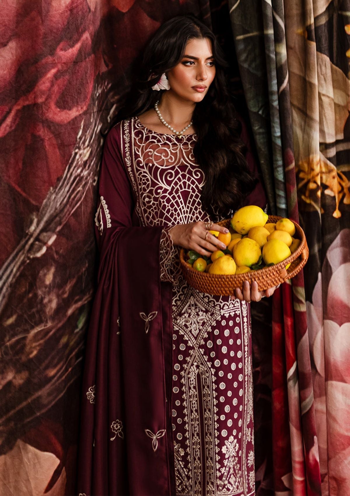 QALAMQAR-3PC CHIKANKAARI LAWN CUTWORK EMBROIDERED SHIRT WITH MONARK EMBROIDERED CUTWORK DUPATTA AND TROUSER-BIC-3642