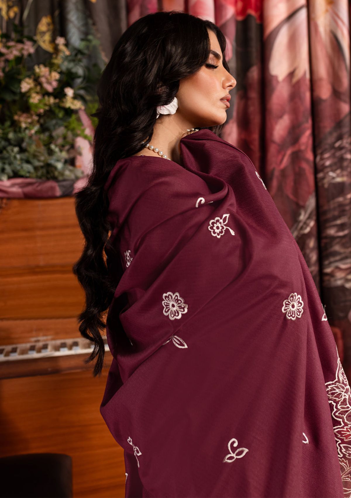 QALAMQAR-3PC CHIKANKAARI LAWN CUTWORK EMBROIDERED SHIRT WITH MONARK EMBROIDERED CUTWORK DUPATTA AND TROUSER-BIC-3642