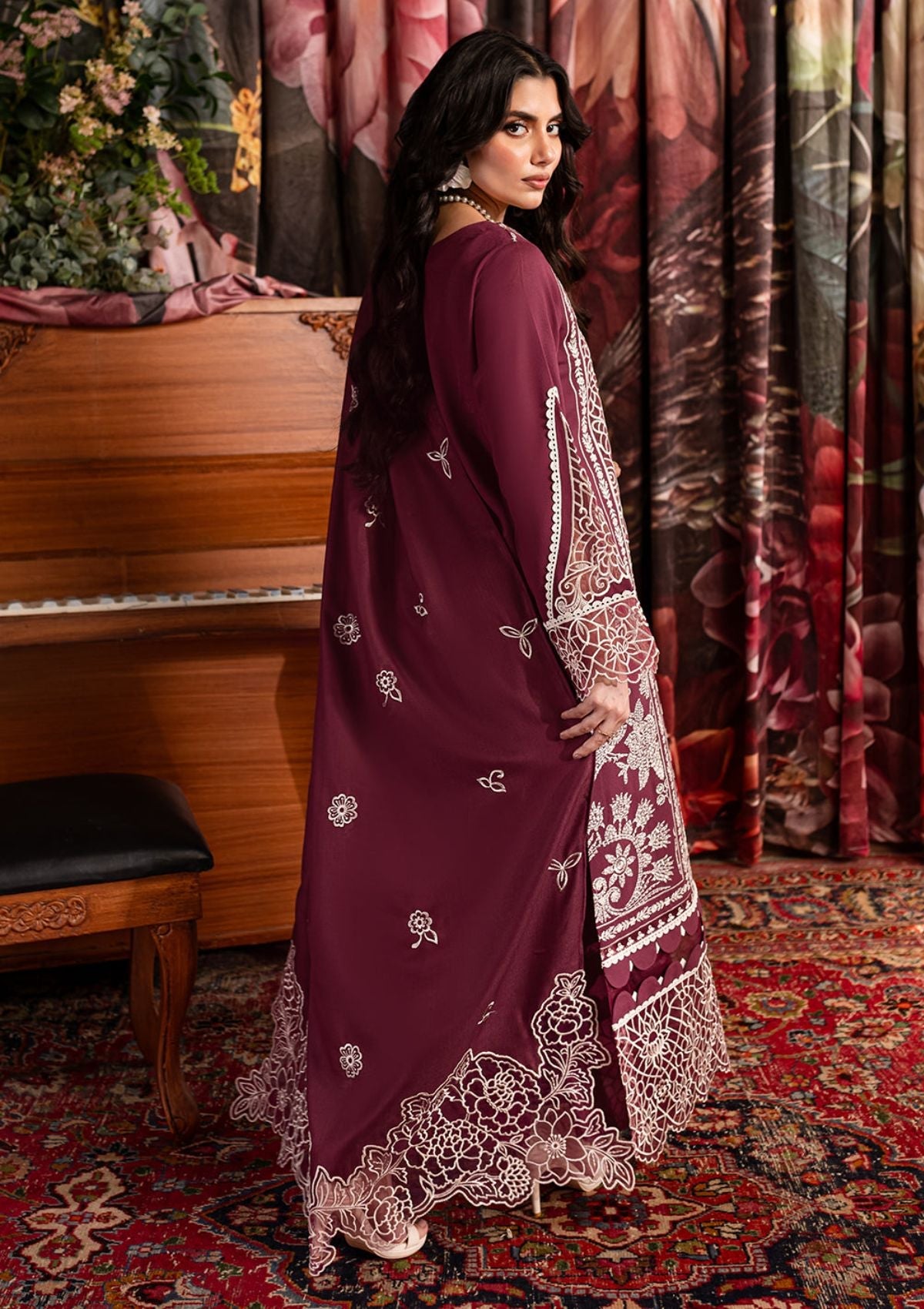 QALAMQAR-3PC CHIKANKAARI LAWN CUTWORK EMBROIDERED SHIRT WITH MONARK EMBROIDERED CUTWORK DUPATTA AND TROUSER-BIC-3642