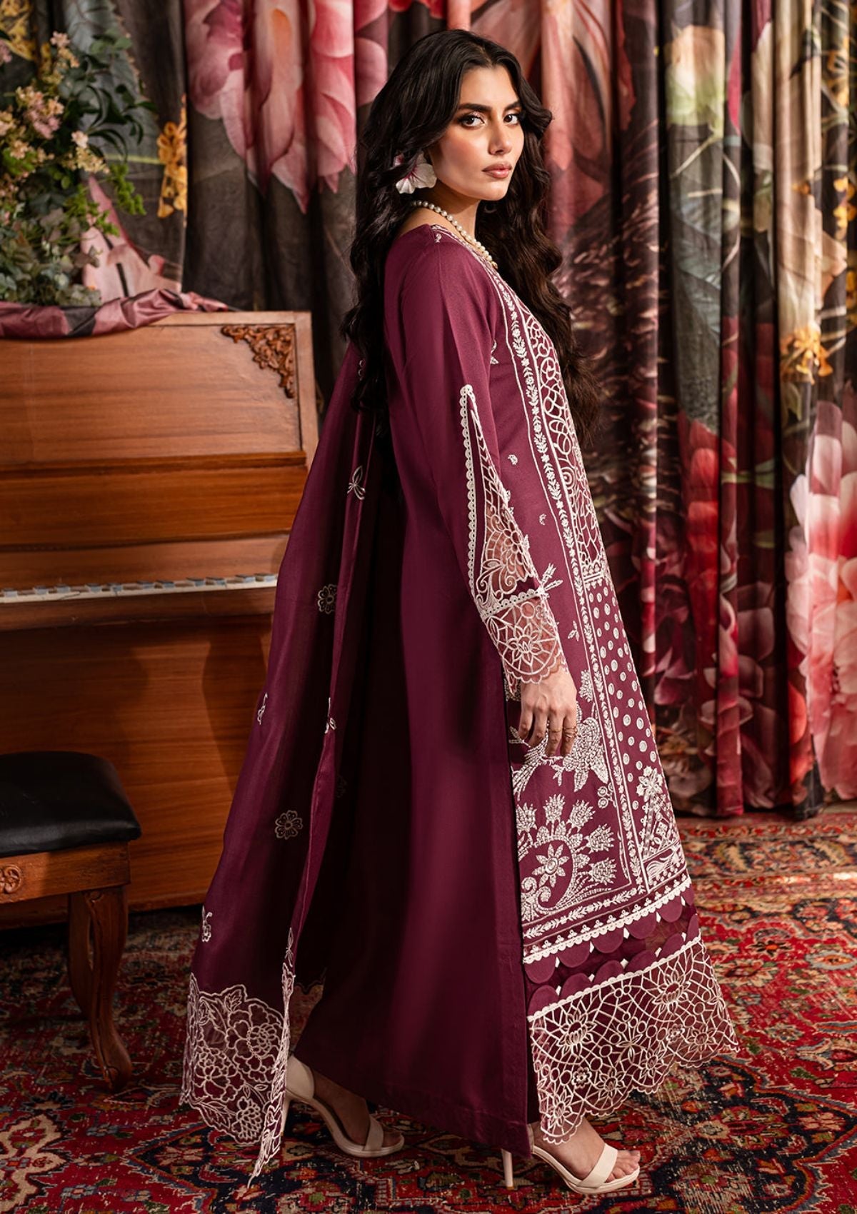 QALAMQAR-3PC CHIKANKAARI LAWN CUTWORK EMBROIDERED SHIRT WITH MONARK EMBROIDERED CUTWORK DUPATTA AND TROUSER-BIC-3642