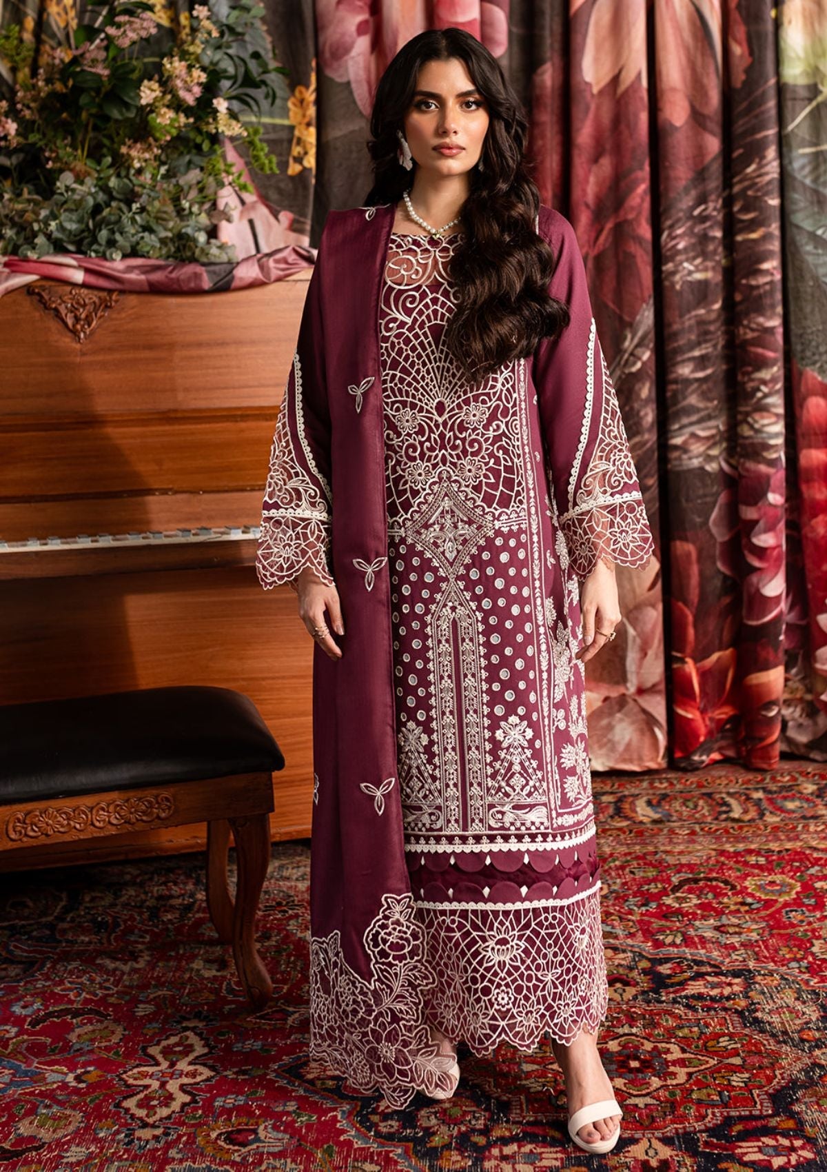 QALAMQAR-3PC CHIKANKAARI LAWN CUTWORK EMBROIDERED SHIRT WITH MONARK EMBROIDERED CUTWORK DUPATTA AND TROUSER-BIC-3642