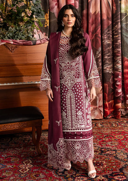 QALAMQAR-3PC CHIKANKAARI LAWN CUTWORK EMBROIDERED SHIRT WITH MONARK EMBROIDERED CUTWORK DUPATTA AND TROUSER-BIC-3642