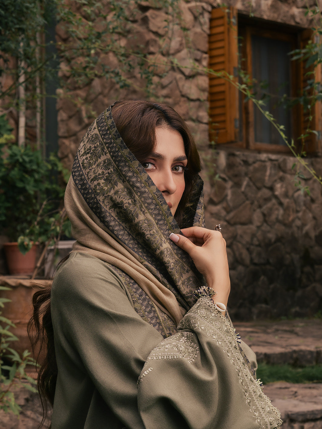 IZEL-3PC DHANAK EMBROIDERED SHIRT WITH COUTRAI PRINTED SHAWL AND TROUSER-BIC-5328