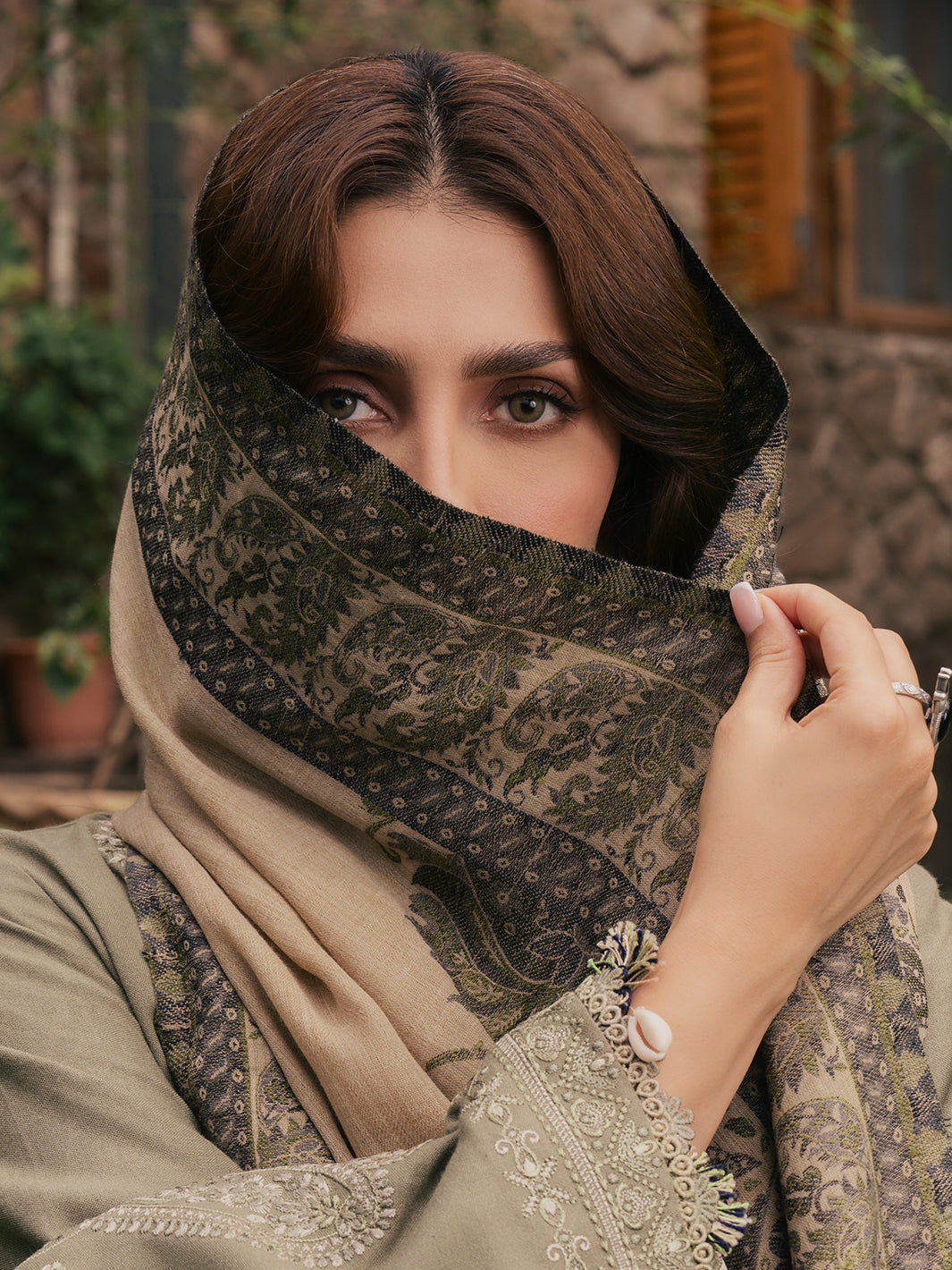 IZEL-3PC DHANAK EMBROIDERED SHIRT WITH COUTRAI PRINTED SHAWL AND TROUSER-BIC-5328
