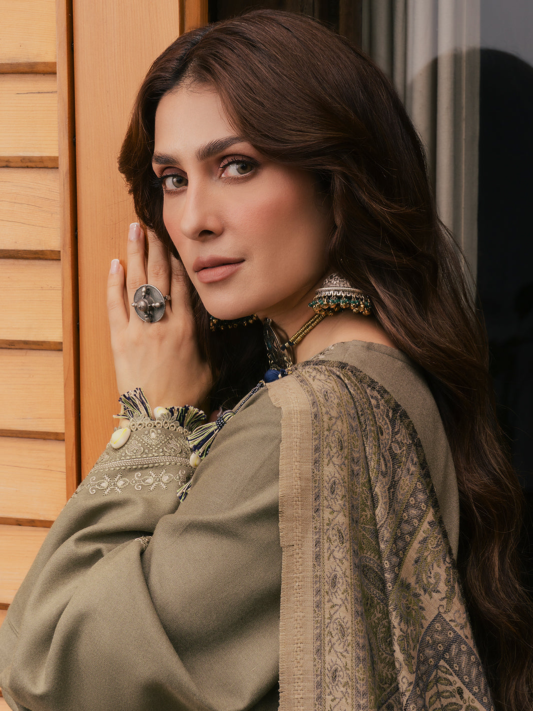 IZEL-3PC DHANAK EMBROIDERED SHIRT WITH COUTRAI PRINTED SHAWL AND TROUSER-BIC-5328