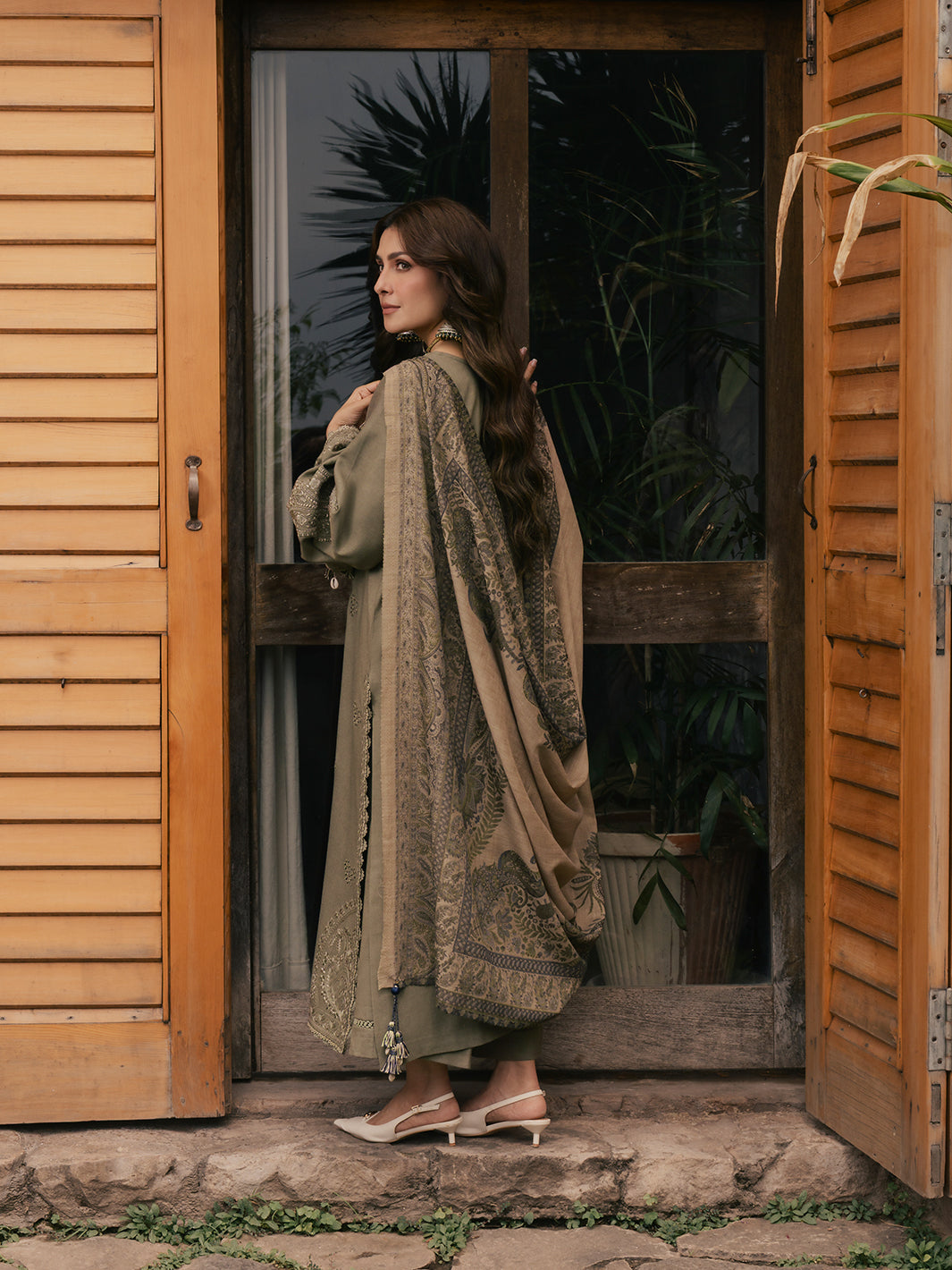 IZEL-3PC DHANAK EMBROIDERED SHIRT WITH COUTRAI PRINTED SHAWL AND TROUSER-BIC-5328
