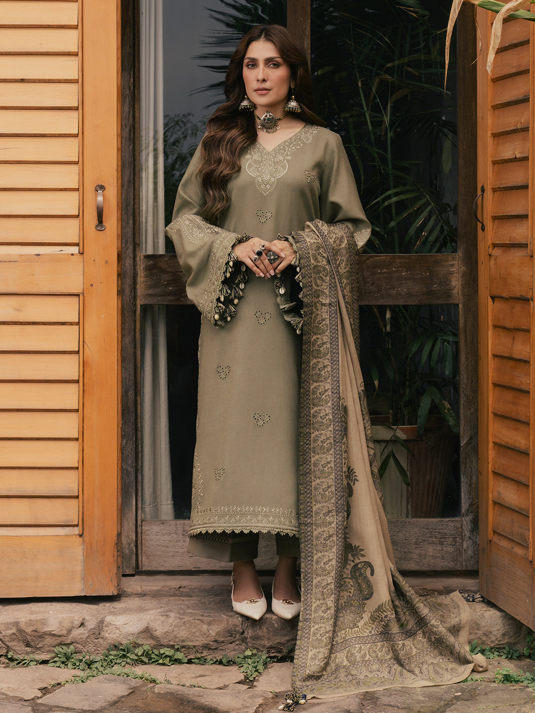 IZEL-3PC DHANAK EMBROIDERED SHIRT WITH COUTRAI PRINTED SHAWL AND TROUSER-BIC-5328
