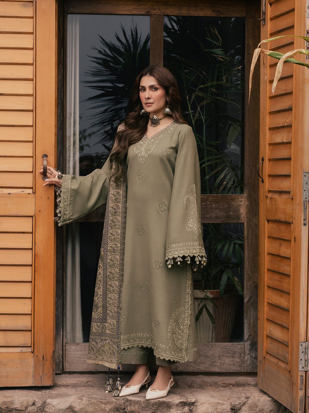 IZEL-3PC DHANAK EMBROIDERED SHIRT WITH COUTRAI PRINTED SHAWL AND TROUSER-BIC-5328
